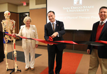 CHHS Dean Marilyn Newhoff, SDSU President Elliot Hirschman, and ENS faculty member Prof. Mitch Rauh