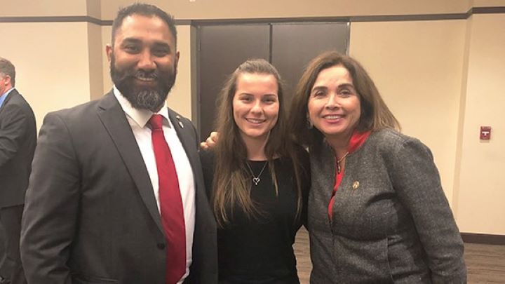 Katie Dillon (center) with her mentor and clinical neuroscientist Harsimran Baweja (left) and SDSU President Adela de la Torre at a Campanile Foundation event during the 2019-2020 academic year